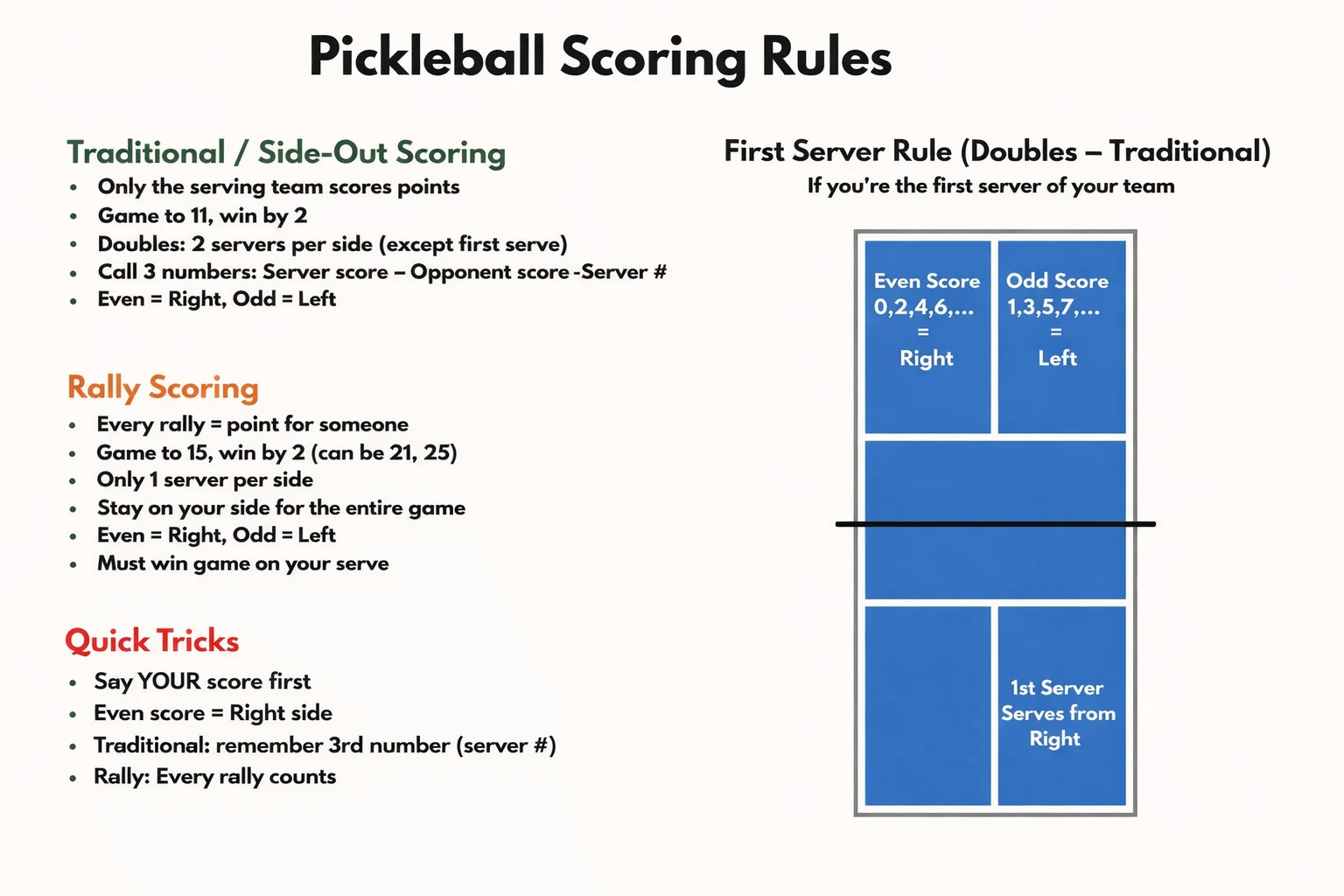Pickleball scoring rules guide showing how to score points in singles and doubles matches with basic court layout