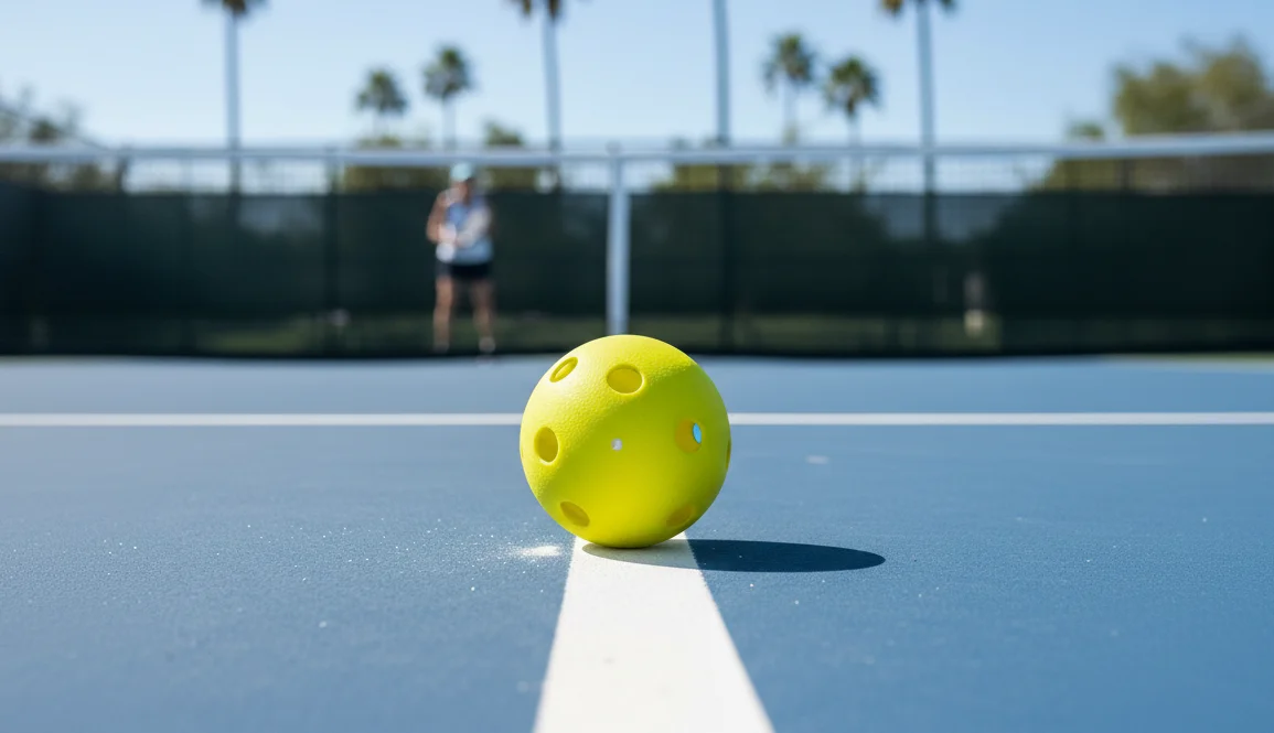 Pickleball players reviewing a close line call near the baseline on a professional pickleball court.